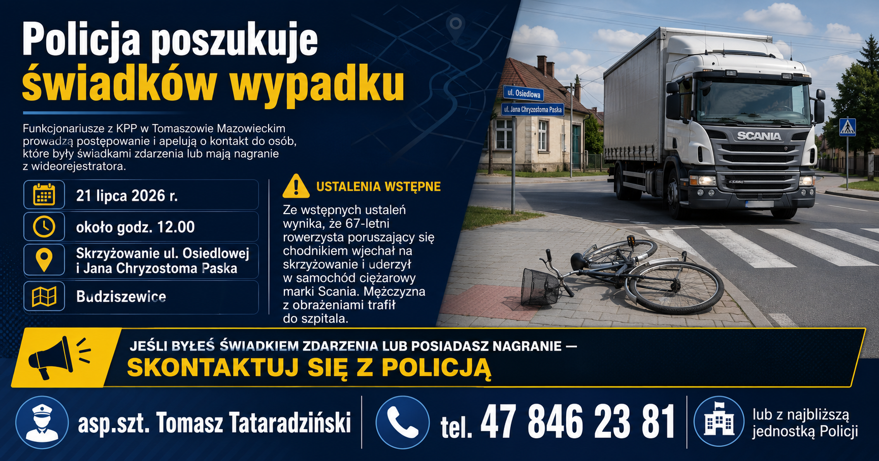 Policja poszukuje świadków wypadku w Budziszewicach. Rowerzysta trafił do szpitala