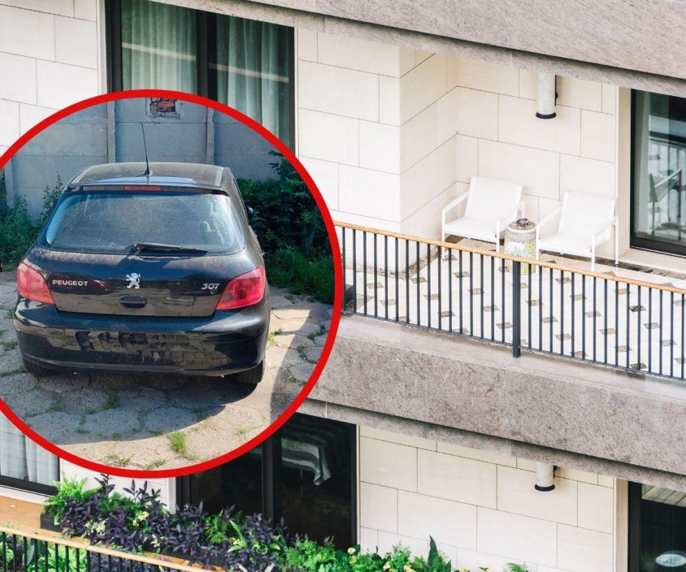 Balkon z białymi krzesłami. Na wstawce czarny peugeot. O kradzieży auta w Tczewie przeczytasz na Eska Trójmiasto.
