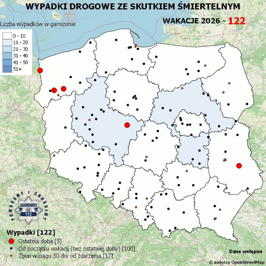 Policyjna mapa wypadków drogowych ze skutkiem śmiertelnym – Wakacje 2026