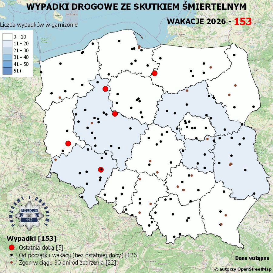 Policyjna mapa wypadków drogowych ze skutkiem śmiertelnym – Wakacje 2026