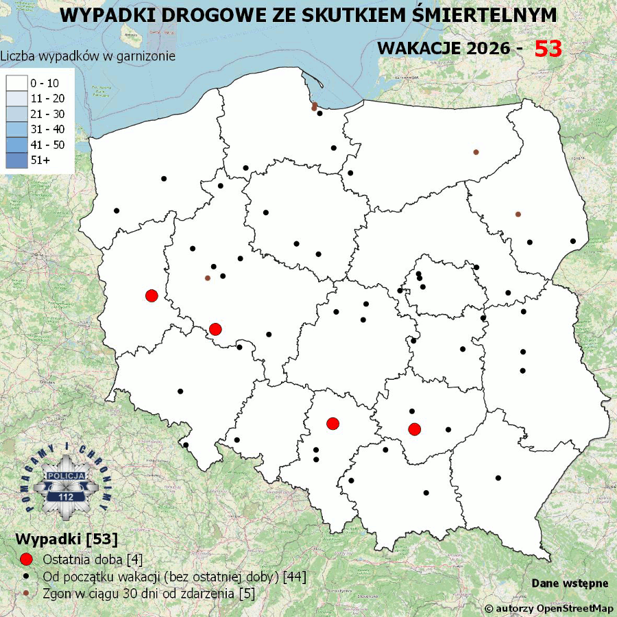 Policyjna mapa wypadków drogowych ze skutkiem śmiertelnym – Wakacje 2026