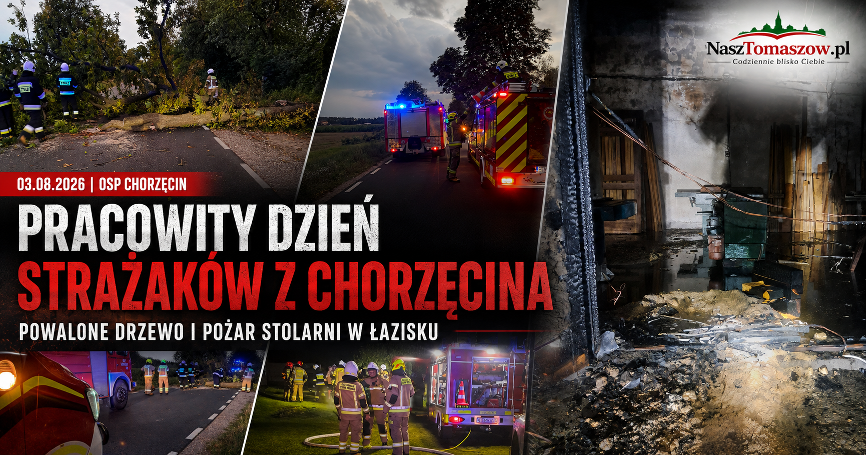 Pracowity dzień strażaków z Chorzęcina. Powalone drzewo i pożar stolarni w Łazisku