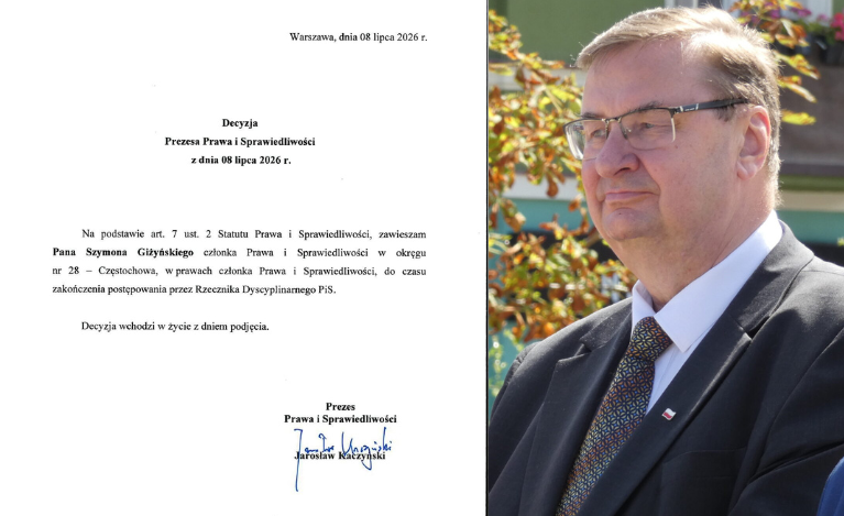 Prezes PiS Jarosław Kaczyński zawiesił posła Szymona Giżyńskiego w prawach członka partii