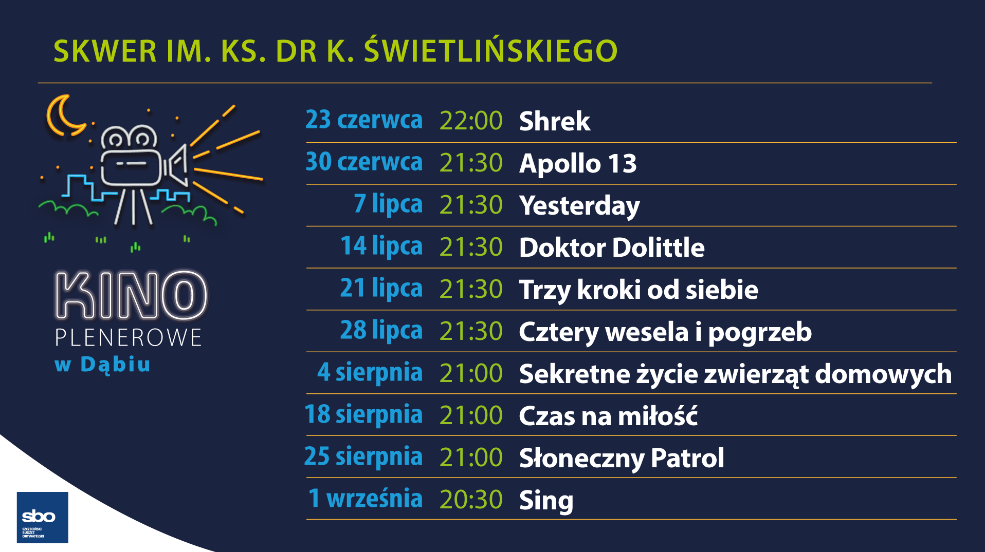 Kino plenerowe w Dąbiu. Repertuar