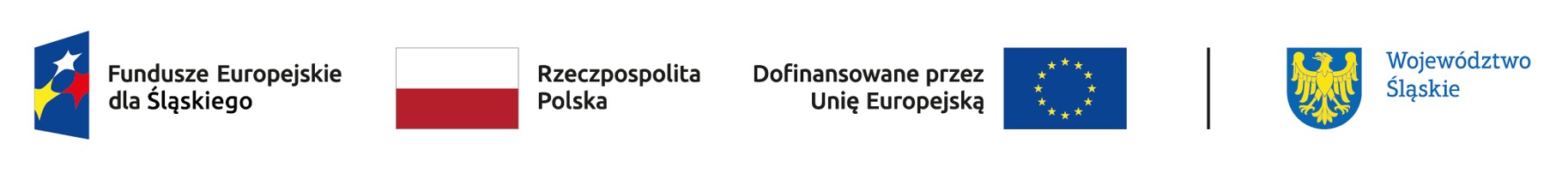 Znaki graficzne Fundusze Europejskie dla Śląskiego, flaga Rzeczypospolitej Polskiej, flaga Unii Europejskiej z opisem Dofinansowane przez Unię Europejską, herb Województwa Śląskiego
