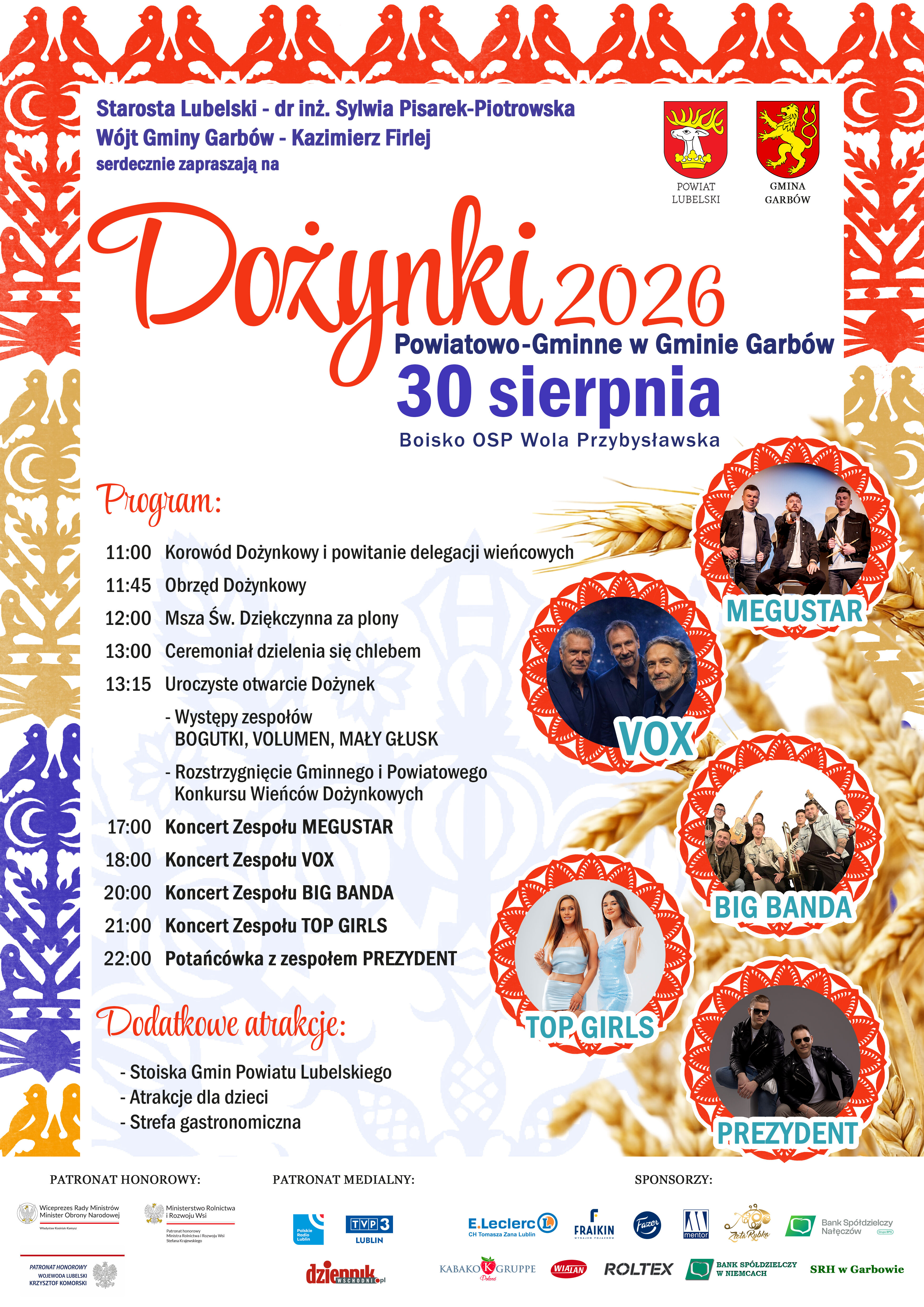 Plakat promujący Dożynki 2026 w Gminie Garbów. Zawiera program wydarzenia, m.in. koncerty zespołów Megustar, Vox, Top Girls, Big Banda oraz Prezydent. W dolnej części logotypy sponsorów i patronów medialnych.