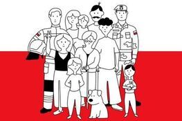 Ilustracja przedstawia grupę osób różnych profesji i wieku stojących na tle polskiej flagi. Widoczni są strażak, żołnierz, kobiety, mężczyźni, dzieci oraz pies. Postacie są w stylu kreskówkowym.