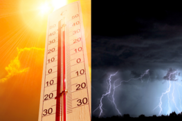 Opis 1: Termometr w pełnym słońcu pokazujący wysoką temperaturę.
Opis 2: Nocne niebo rozświetlone błyskawicami podczas burzy.