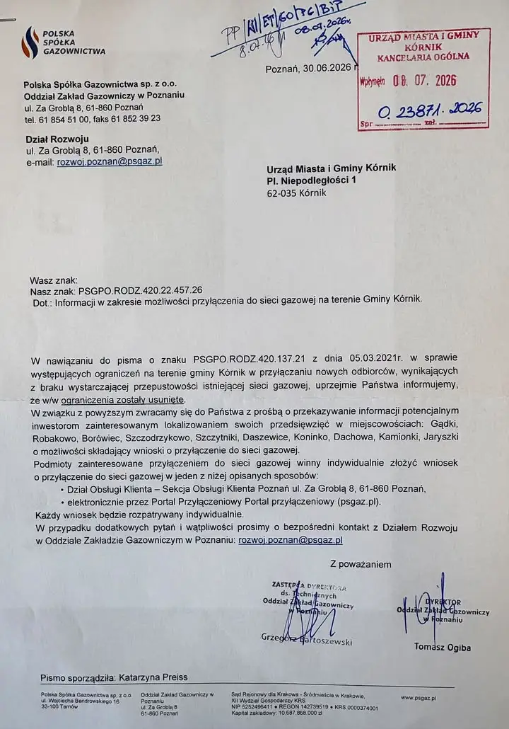PSG znosi ograniczenia w przyłączaniu do sieci gazowej w 10 miejscowościach gminy Kórnik