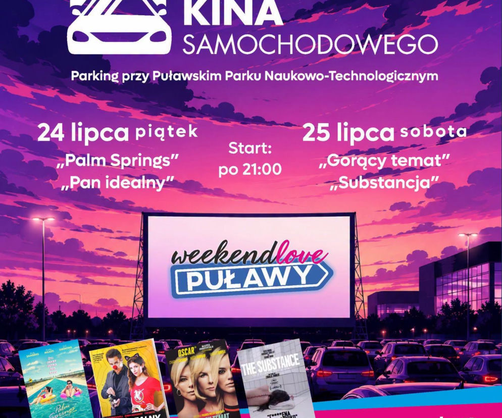 Plakat 14. edycji Puławskiego Kina Samochodowego z listą filmów i datami. O wydarzeniu przeczytasz na Radioplus.