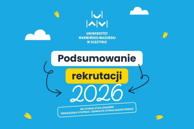 Grafika UWM z napisem podsumowanie rekrutacji 2026. O rekordowym zainteresowaniu uczelnią przeczytasz na Radioplus.