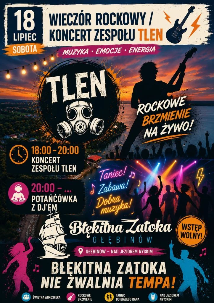 Rockowy wieczór nad Jeziorem Nyskim! Zespół TLEN i potańcówka z DJ-em już 18 lipca w Głębinowie