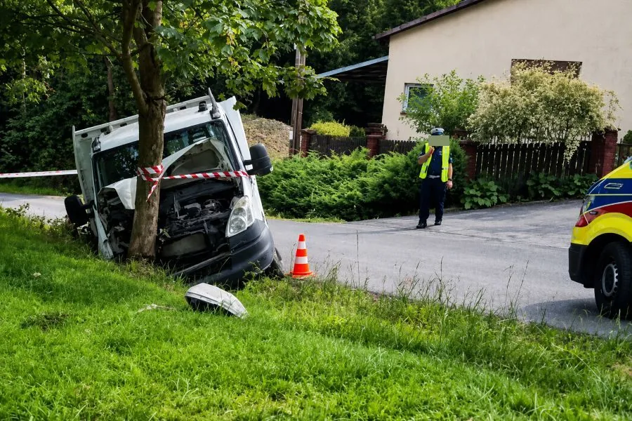 Samochód dostawczy uderzył w drzewo w Krzeszowie. Kierowca poturbowany