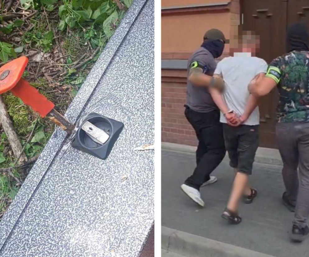 Porzucony sejf z wbitym narzędziem. Obok, na drugim zdjęciu, policjanci prowadzą zatrzymanego. Czytaj w Eska Poznań.