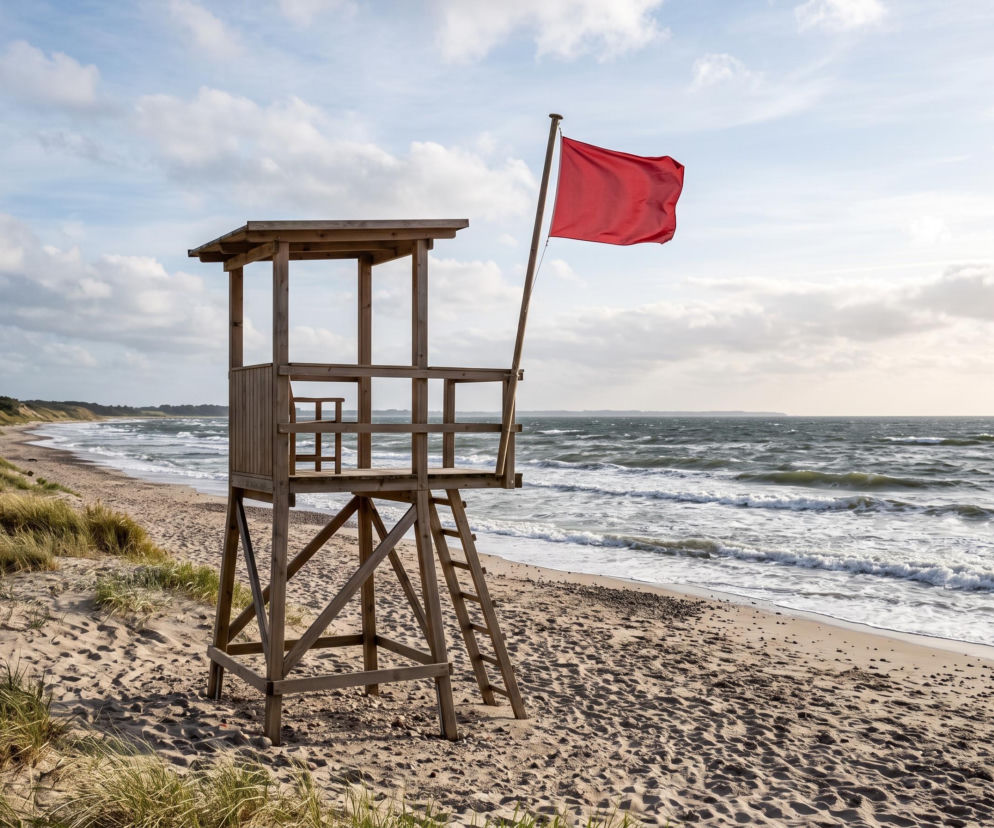 Drewniana wieża ratownicza na plaży z wywieszoną czerwoną flagą. O zakazie kąpieli przeczytasz na Eska Trójmiasto.