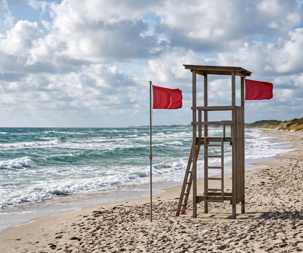 Czerwone flagi przy wieży ratowniczej na pustej plaży w Krynicy Morskiej. O zakazie kąpieli przeczytasz na Eska Trójmiasto.