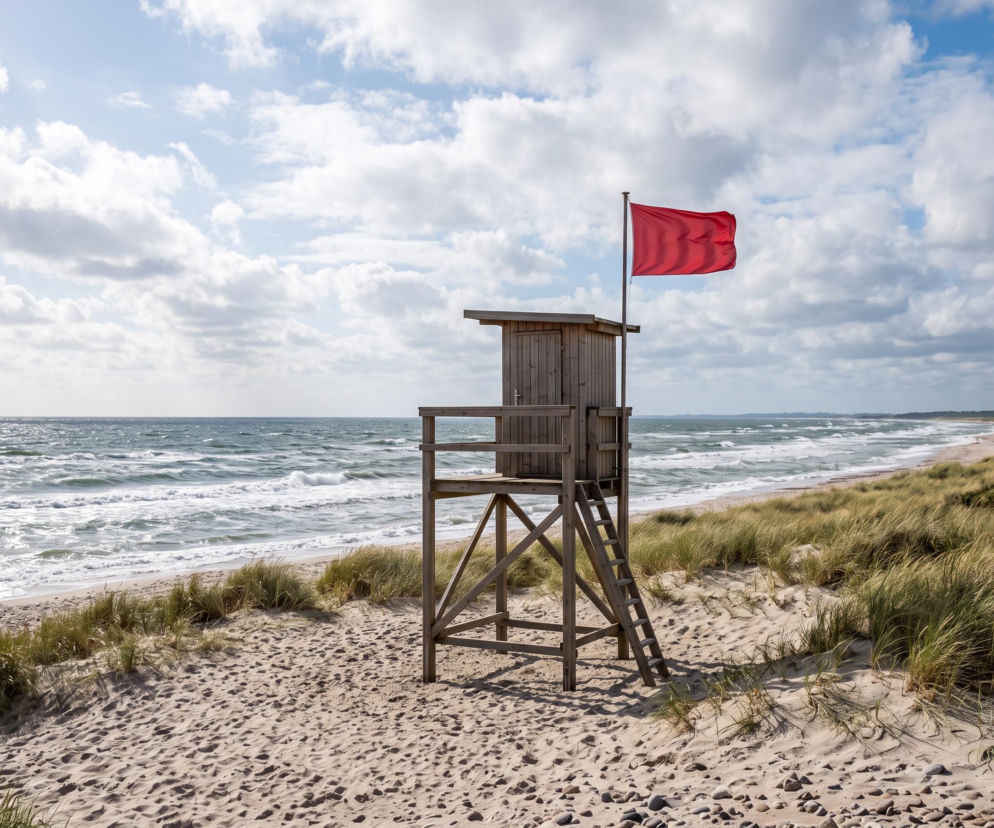 Drewniana wieża ratownicza na plaży z czerwoną flagą. O warunkach kąpieli w Międzyzdrojach przeczytasz na SE Szczecin.