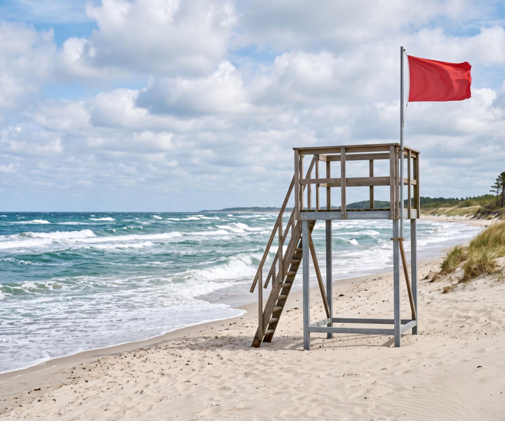 Czerwona flaga na wieży ratowniczej na pustej plaży w Rowach. O zasadach bezpieczeństwa przeczytasz na Eska Trójmiasto.