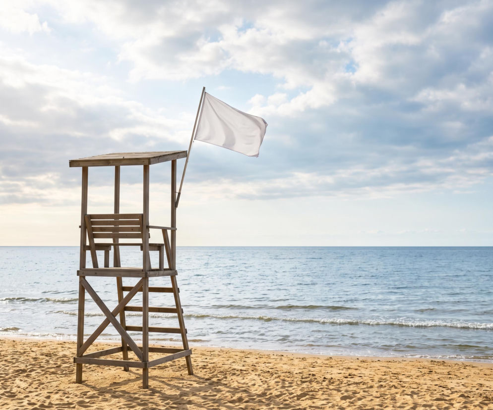 Drewniana wieża ratownicza z białą flagą na plaży w Stegnie. O warunkach kąpieli przeczytasz na Eska Trójmiasto.