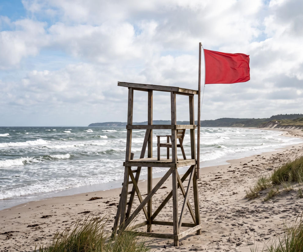 Wieża ratownicza z czerwoną flagą na pustej plaży. O zakazie kąpieli w Świnoujściu przeczytasz na SE Szczecin.