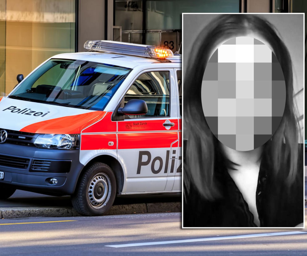 Szwajcarski radiowóz Polizei. Na wstawce portret kobiety z zasłoniętą twarzą. O śmierci Konstancji czytaj w Eska Poznań.