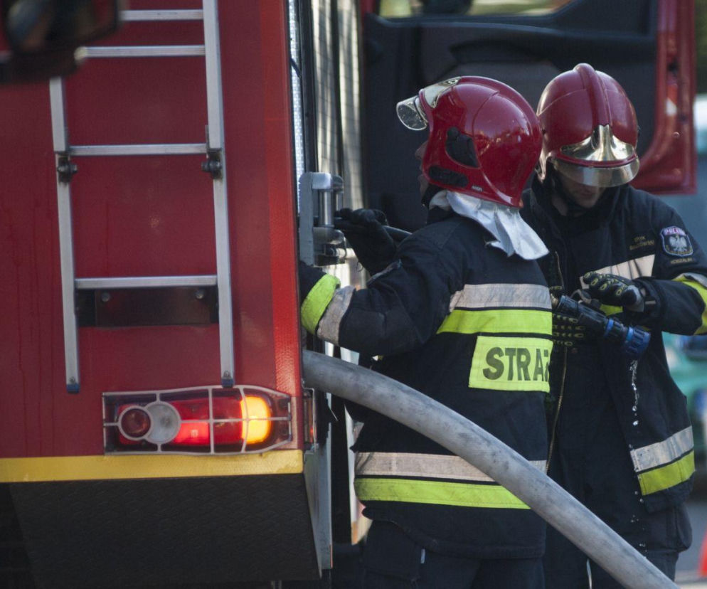 Dwaj strażacy w hełmach obok wozu gaśniczego podczas akcji. O pożarze w Tczewie przeczytasz na Eska Trójmiasto.
