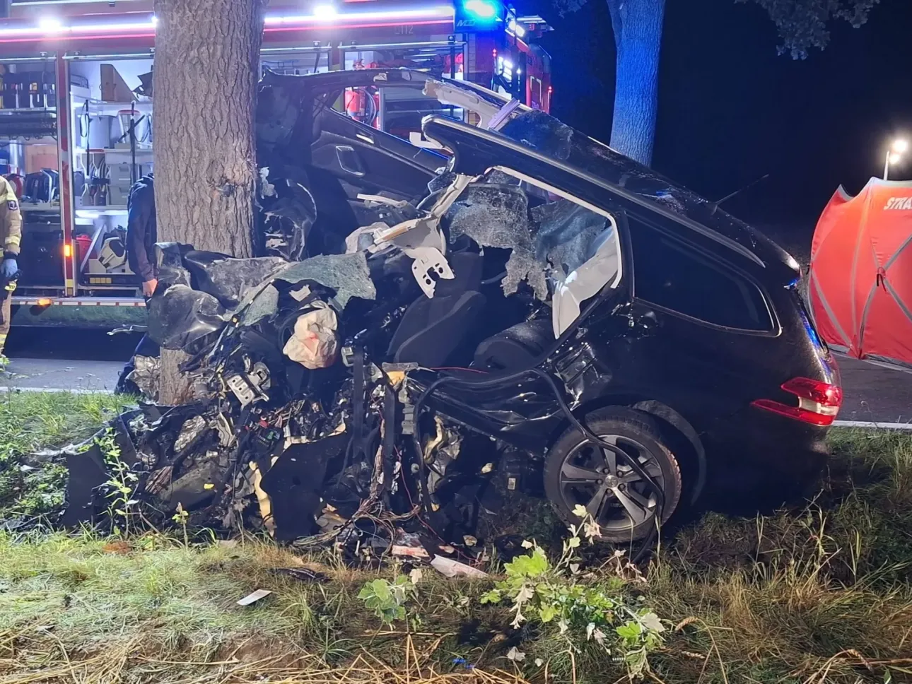 Samochód osobowy uderzył w drzewo na drodze pomiędzy Kalejami a Czmoniem / fot.: KP PSP Śrem