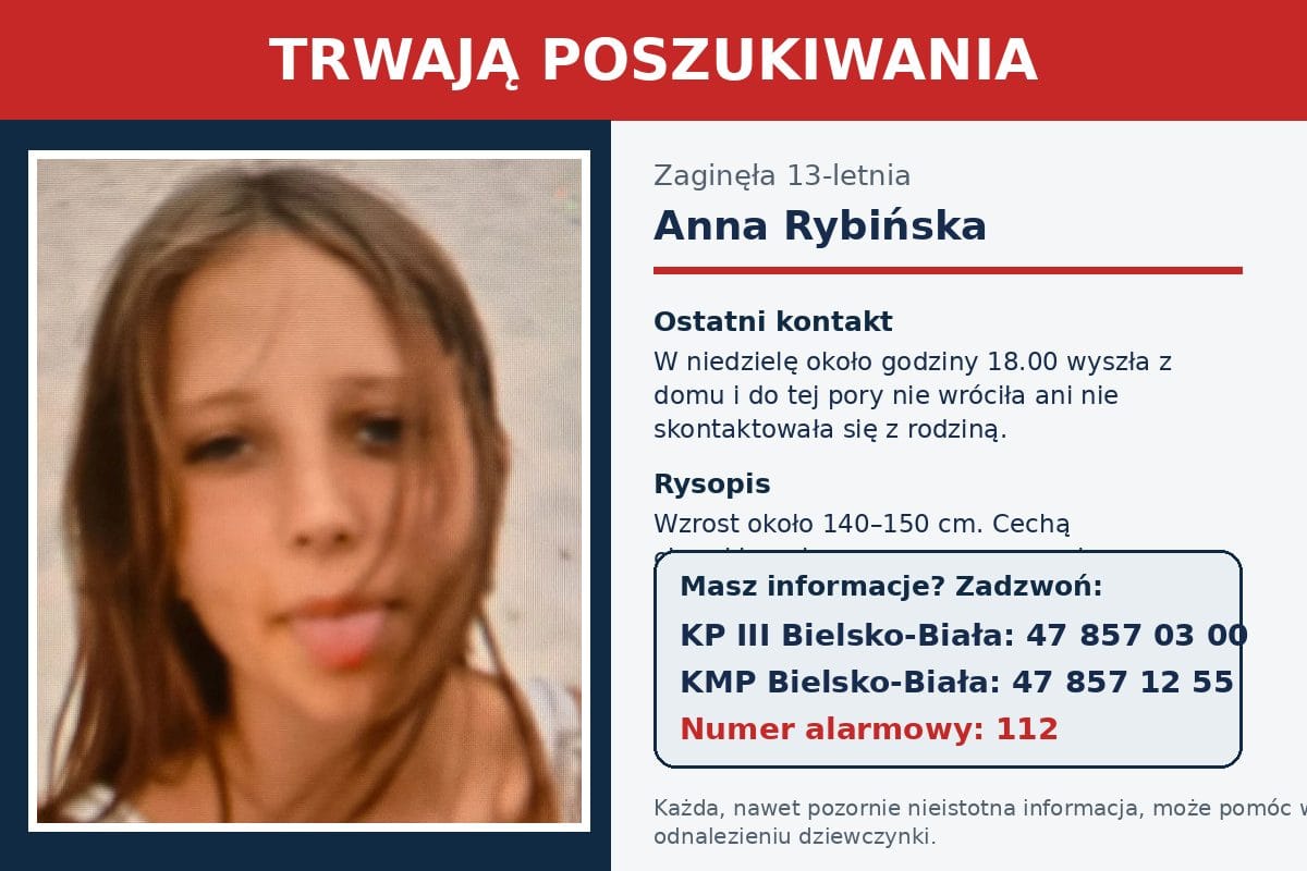 Trwają poszukiwania 13-letniej Anny Rybińskiej. Policja prosi o pomoc