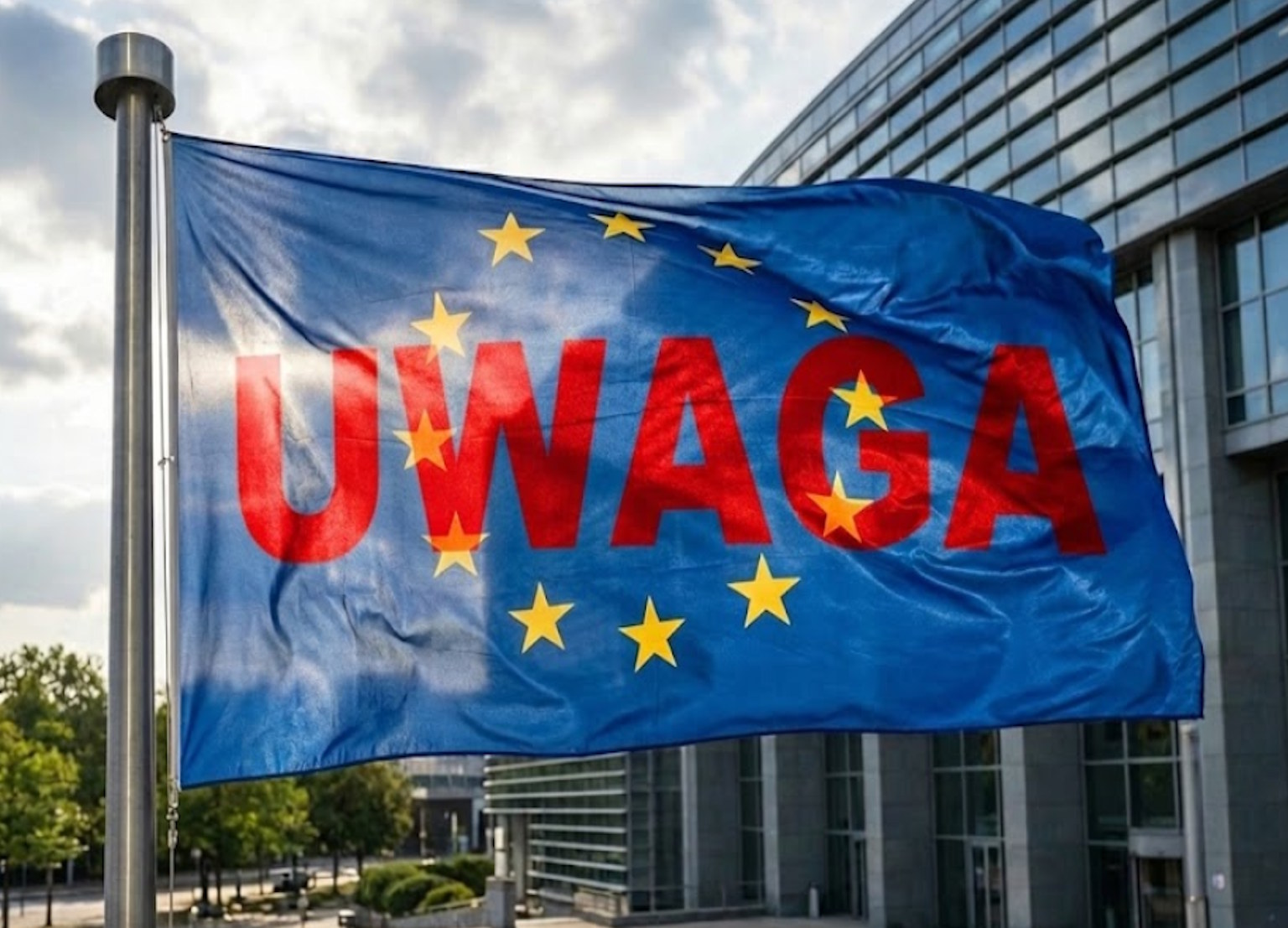 Flaga Unii Europejskiej z napisem uwaga