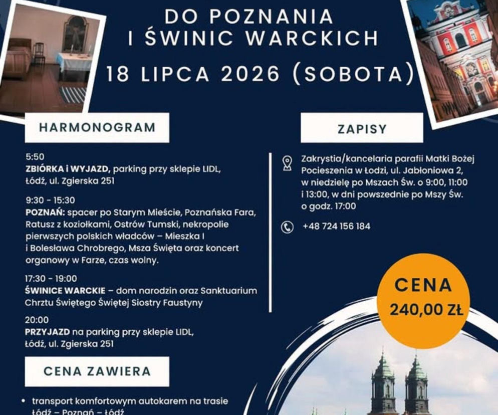 Plakat pielgrzymki do Poznania i Świnic Warckich z harmonogramem i ceną. O szczegółach przeczytasz na Radioplus.