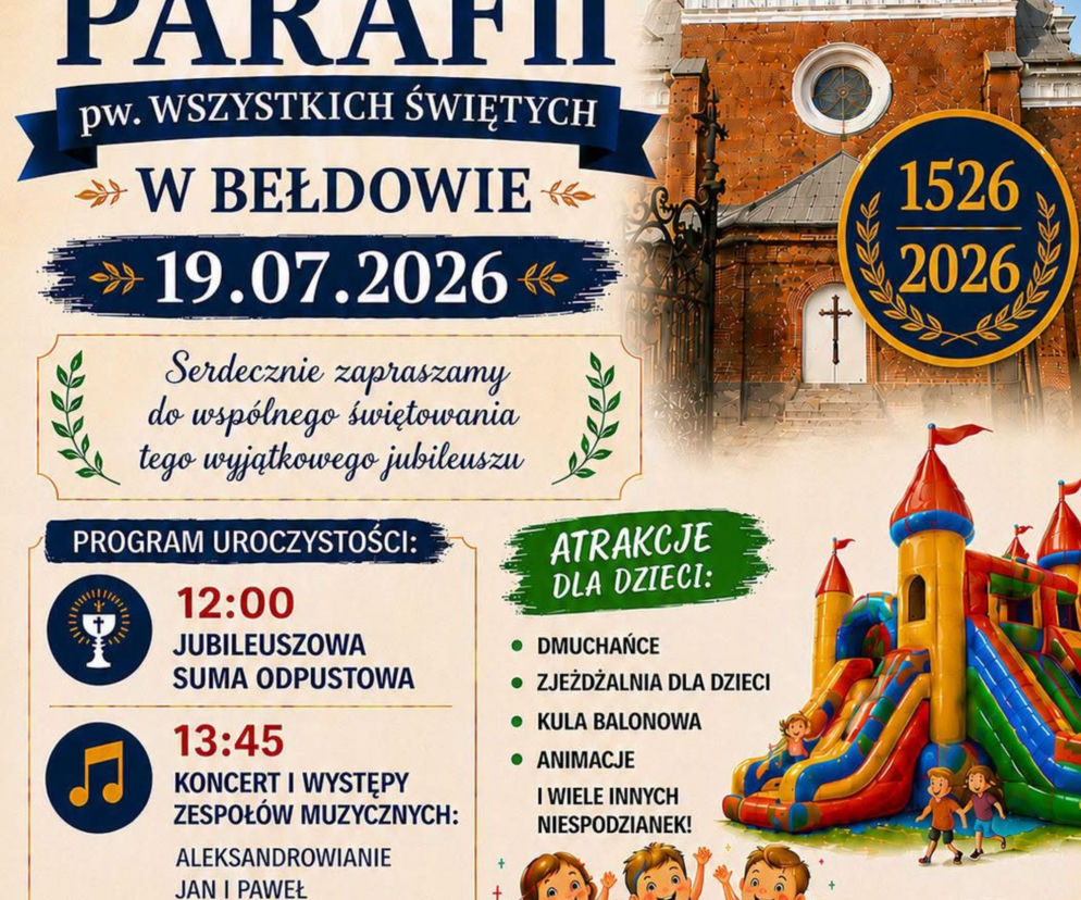 Plakat jubileuszu 500-lecia parafii w Bełdowie. O szczegółach obchodów i atrakcjach przeczytasz na Radioplus.