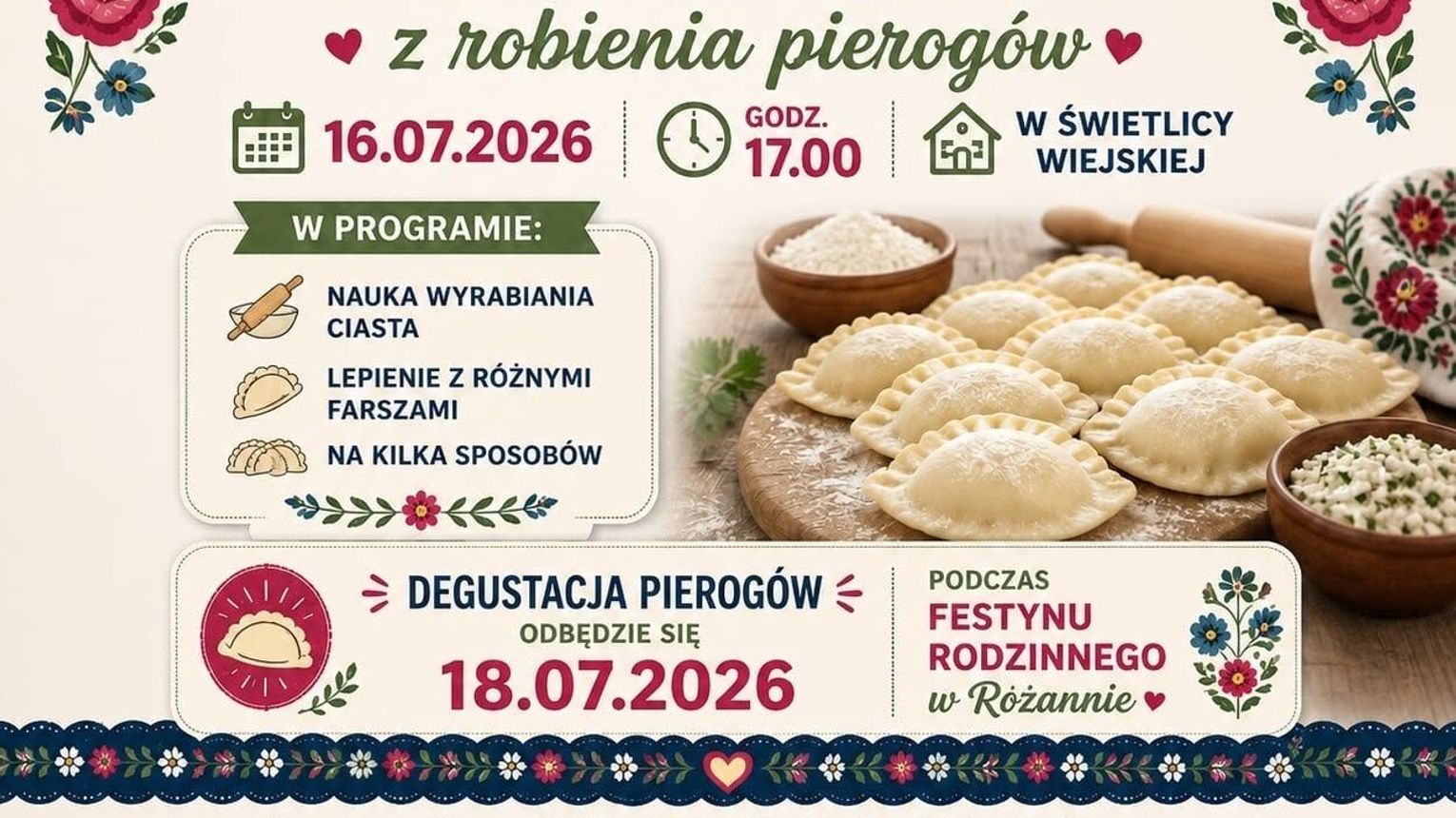 Warsztaty lepienia pierogów w Różannie. KGW zaprasza mieszkańców na kulinarne spotkanie