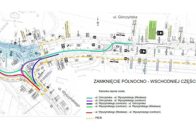 Schemat nowej organizacji ruchu na rondzie Barlineckim w Gorzowie. O utrudnieniach przeczytasz na Radioplus.