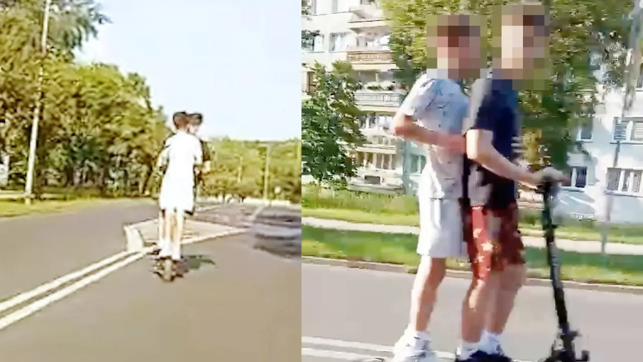 We dwóch, bez kasków, na jednej hulajnodze po alei Tysiąclecia. Czytelnik: „Czy kiedykolwiek się to skończy?”