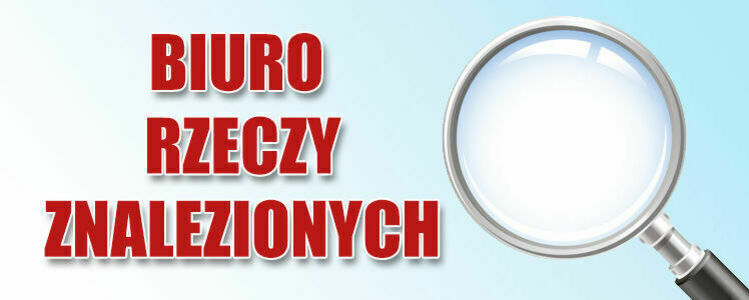 Czerwony napis - biuro rzeczy znalezionych, biało-niebieskie tło, lupa