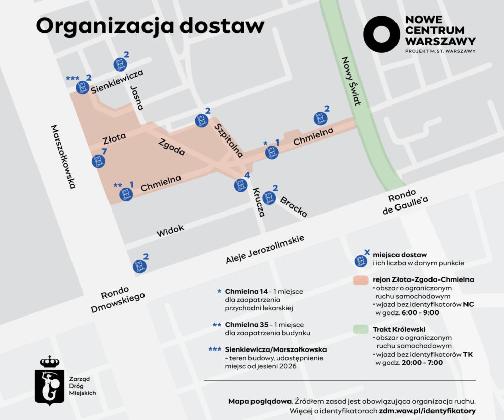 Mapa centrum Warszawy z wyznaczonymi miejscami dostaw. O nowej organizacji ruchu przeczytasz na Radioplus.