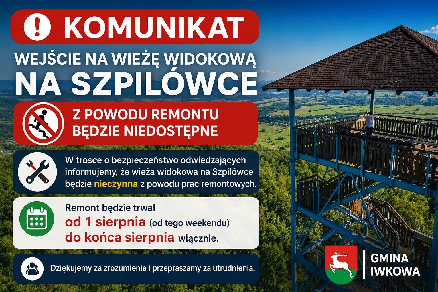 Wieża widokowa na Szpilówce będzie niedostępna