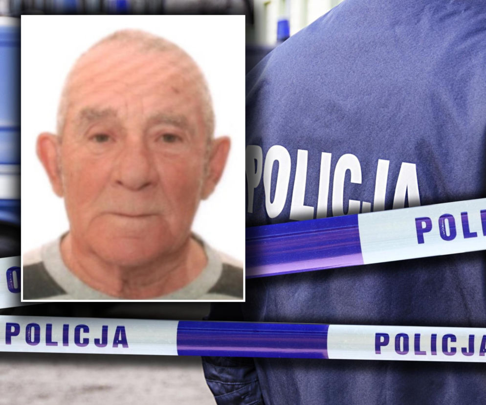 Plecy policjanta i taśma policyjna. Na wstawce portret zaginionego Józefa Dzikowskiego. Szczegóły na Eska Bydgoszcz.