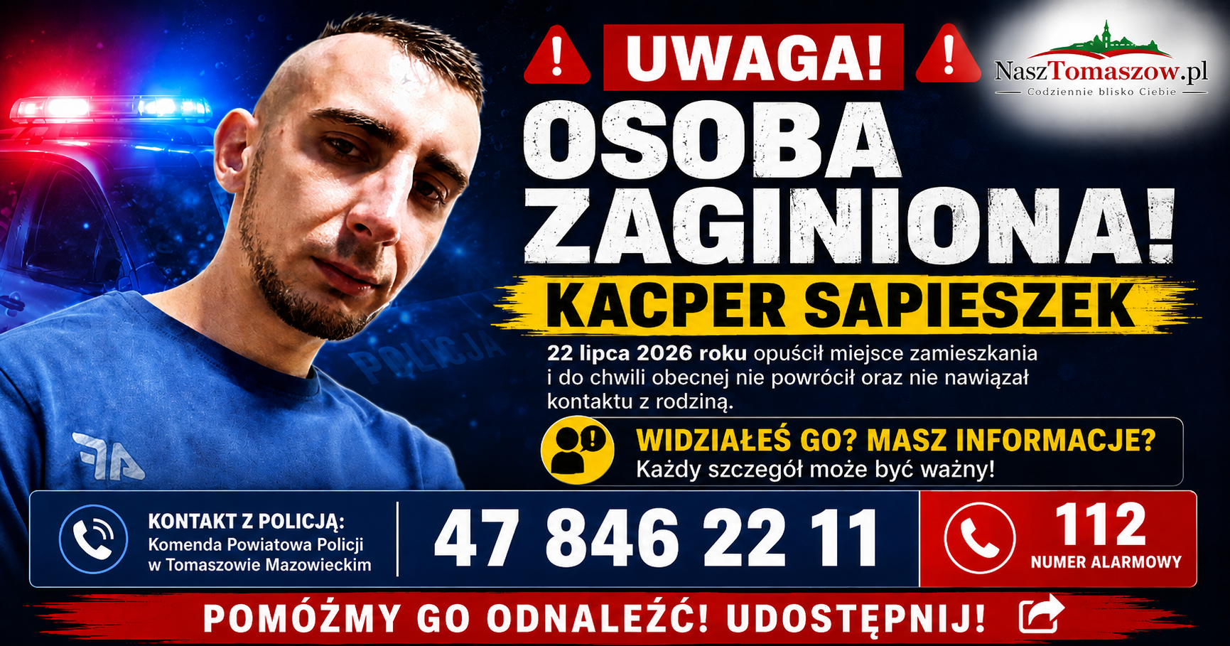 Zaginął Kacper Sapieszek. Policja i rodzina proszą o pomoc