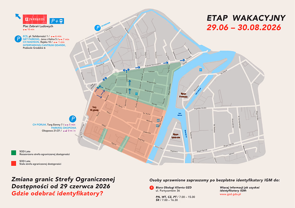Mapa pokazująca zmiany w organizacji ruchu w Śródmieściu Gdańska w związku z Jarmarkiem św. Dominika
