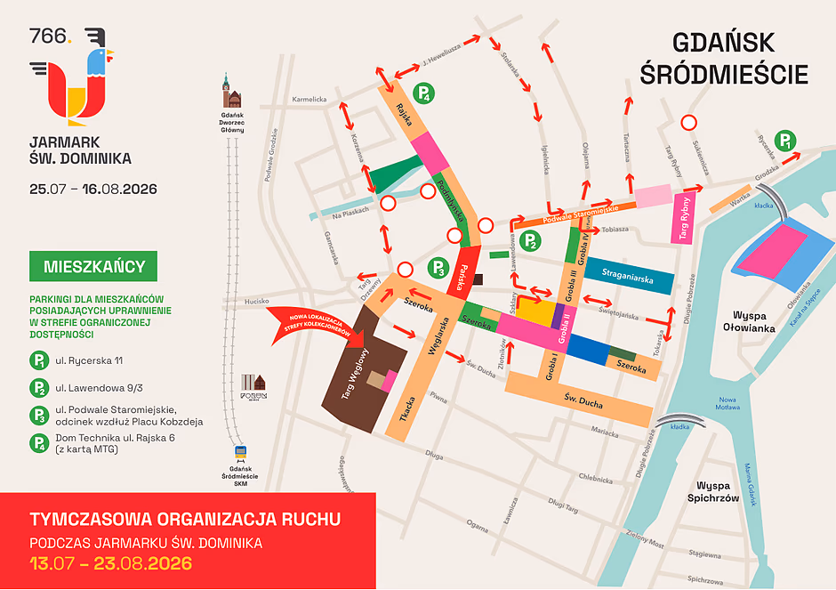 Mapa pokazująca zmiany w organizacji ruchu w Śródmieściu Gdańska w związku z Jarmarkiem św. Dominika