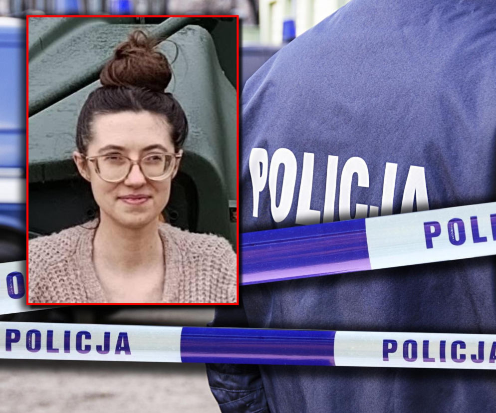 Plecy policjanta i taśmy policyjne. Na wstawce Paulina Konarska. O poszukiwaniach przeczytasz na Eska Trójmiasto.